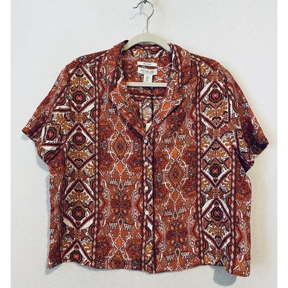 Rachel Zoe Top Womens Large Red Aztec Linen Button Up Boxy Boho Beachy Tribal - Picture 1 of 6